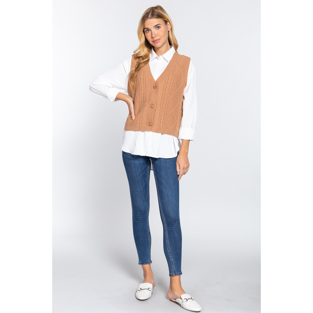 V-neck Cable Sweater Vest Cardigan - Picture 2 of 7
